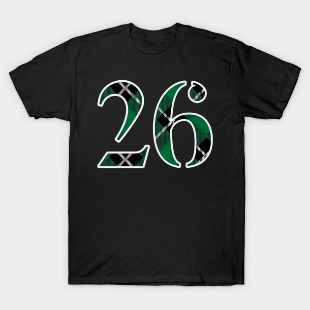 26 Sports Jersey Number Green Black Flannel T-Shirt by Design_Lawrence